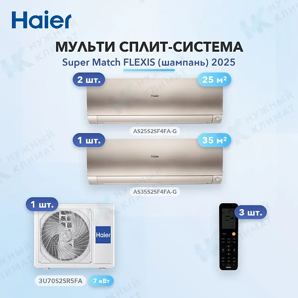 Мульти-сплит система Haier AS25S2SF4FA-G (x2) + AS35S2SF4FA-G (x1) / 3U70S2SR5FA
