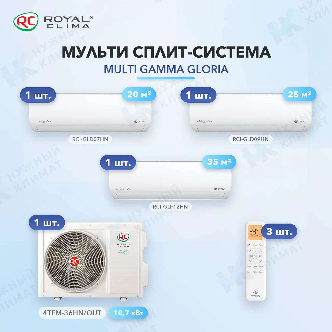Мульти-сплит система Royal Clima RCI-GLD07HN (x1) + RCI-GLD09HN (x1) + RCI-GLF12HN (x1) / 4TFM-36HN/OUT