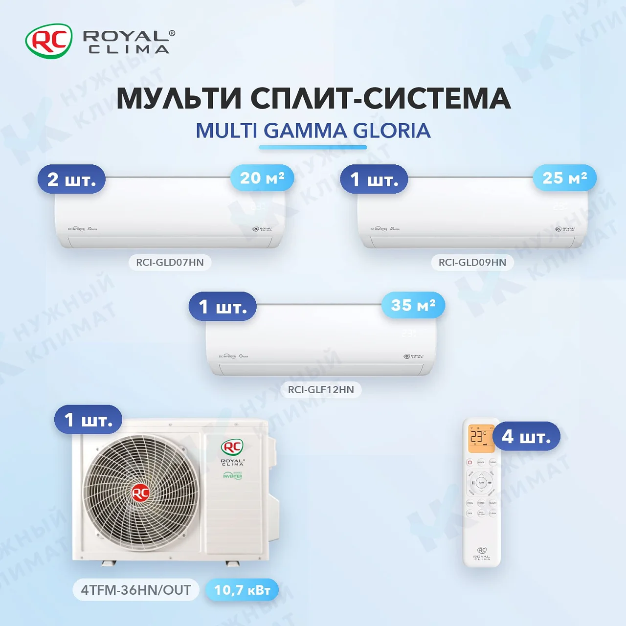 Мульти-сплит система Royal Clima RCI-GLD07HN (x2) + RCI-GLD09HN (x1) + RCI-GLF12HN (x1) / 4TFM-36HN/OUT