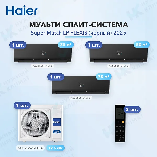 Мульти-сплит система Haier AS25S2SF3FA-B (x1) + AS50S2SF3FA-B (x1) + AS70S2SF3FA-B (x1) / 5U125S2SL1FA