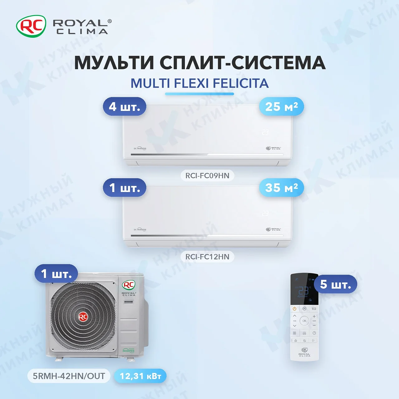 Мульти-сплит система Royal Clima RCI-FC09HN (x4) + RCI-FC12HN (x1) / 5RMH-42HN/OUT