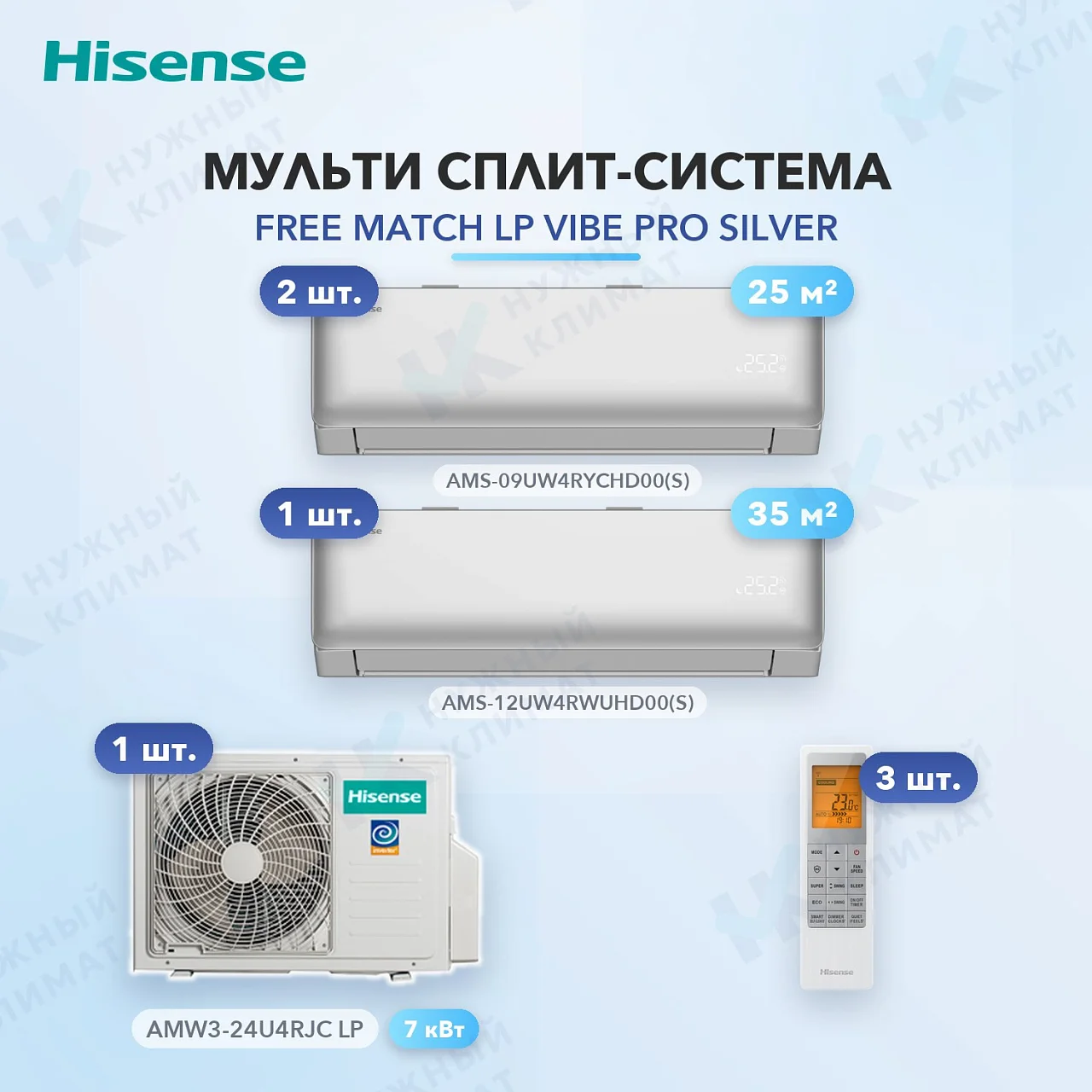 Мульти-сплит система Hisense AMS-09UW4RYCHD00(S) (x2) + AMS-12UW4RWUHD00(S) (x1) / AMW3-24U4RJC LP